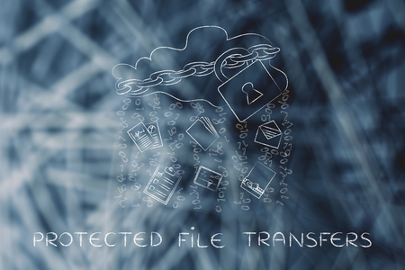 protected file transfers: locked up cloud with different types of documents and binary code rainの写真素材