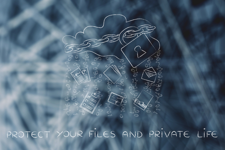 protect your files and private life: locked up cloud with different types of documents and binary code rainの写真素材