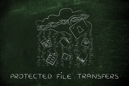 protected file transfers: locked up cloud with different types of documents and binary code rainの写真素材