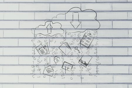 clouds with up and down transfer arrows, different types  of documents and binary code rainの写真素材