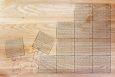 men lifting blocks with binary code, metaphor illustration about software development and archtectureの写真素材