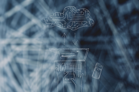 laptop user transferring data to and from a cloud made of electronic circuits, flat illustrationの写真素材