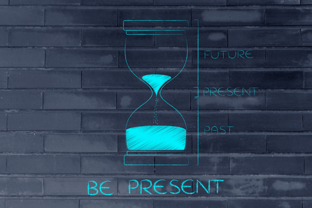be present: hourglass with past, present and future captions, concept of time management and living...