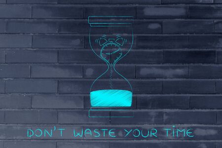 don't wast your time: hourglass with alarm clock melting to sand, concept of time management and living life to the fullestの写真素材