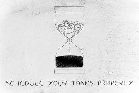 schedule your tasks properly: hourglass with clocks stopwatches and alarms melting to sand, concept...