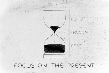 focus on the present: hourglass with past, present and future captions, concept of time management...