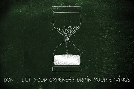 don't let your expenses drain your savings: hourglass with coins melting into sandの写真素材