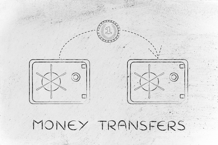 money transfer: coin flying from one safe to anotherの写真素材
