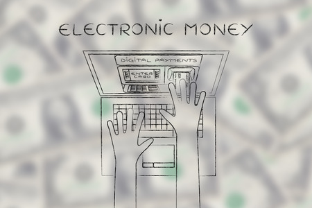eletronic money: automatic teller machine inside laptop screen with hands inserting card to payの写真素材