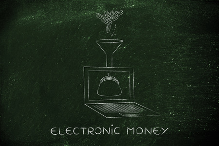electronic money: coins dropped into digital wallet on laptop screen through a funnelの写真素材