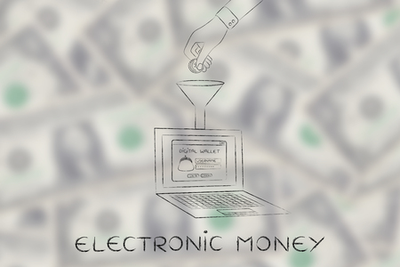 electronic money: hand dropping coin into digital wallet on laptop screen through a funnelの写真素材
