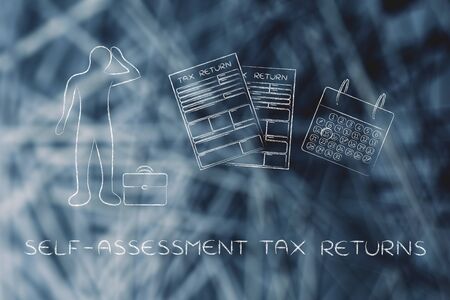 self-assessment tax returns: stressed business man and tax return forms to fill out with calendarの写真素材
