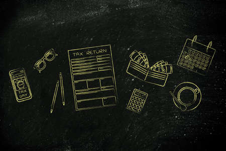 tax return forms to fill out, surrounded by office desk objects & smartphone with alertの写真素材