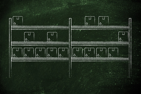 warehouse shelves with a few product packaging leftの写真素材