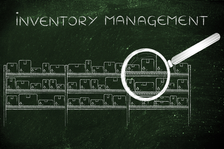 inventory management: warehouse shelves full of product packages and magnifying glass analyzing themの写真素材