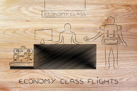 economy class flights: traveler at airport check-in showing passport and dropping bagsの写真素材