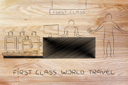 first class world travel: traveler at airport desk showing passport and dropping bagsの写真素材