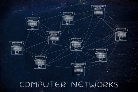 computer networks: laptops with multitude of connections creating a low poly style patternの写真素材