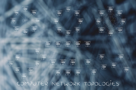 computer network topologies: different  networks designed with tiny laptops and dashed connection...
