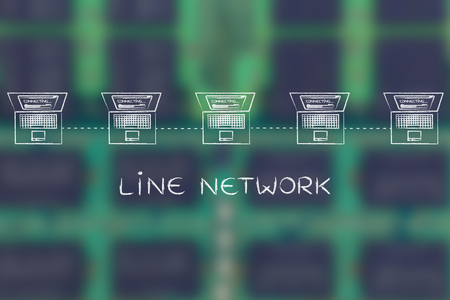 laptops connected with each other in a line network structureの写真素材