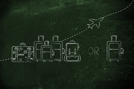 airline bag allowances comparison: illustration of a group of luggage and a single small bag, with airplane flying away behind themの写真素材