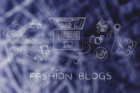 fashion blogs: desk with mixed fashion & beauty objects and personal blog website on laptop's screenの写真素材