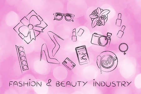 fashion & beauty industry: mixed objects flat illustration with camera and smartphone to share productsの写真素材