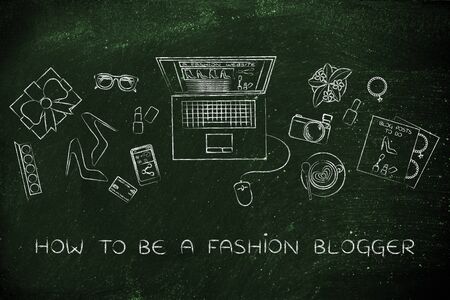 how to be a fashion blogger: desk with mixed fashion & beauty objects and personal blog website on laptop's screenの写真素材