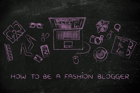 how to be a fashion blogger: desk with mixed fashion & beauty objects and personal blog website on laptop's screenの写真素材