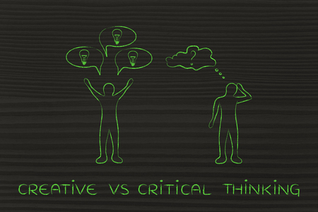 creative vs critical thinking: man reacting with plenty of ideas and another person overanalysing the situationの写真素材