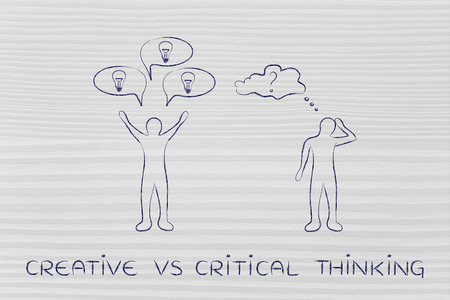 creative vs critical thinking: man reacting with plenty of ideas and another person overanalysing the situationの写真素材