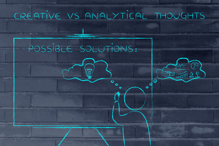 creative vs analytical thoughts: man writing on blackboard while elaborating imaginative thoughts (right side of his brain) and logical reasonings (his left side)の写真素材