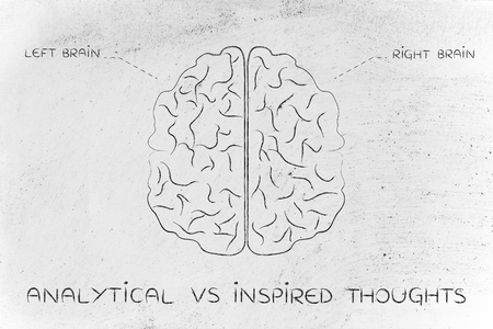 analytical vs inspired thoughts: flat illustration of a brain with left and right captionの写真素材
