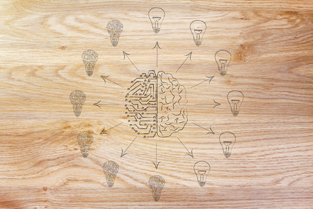 artificial intelligence and human brain surrounded by circuit and normal lightbulbs (ideas) with arrows pointing outの写真素材