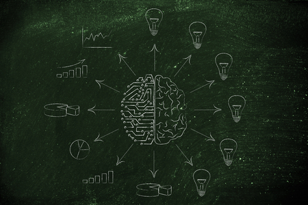 artificial intelligence and human brain surrounded by data processing and ideas with arrows pointing outの写真素材