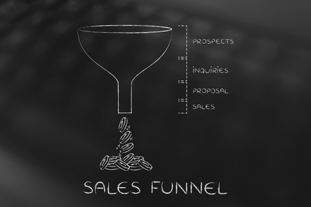 sales funnel generating coins, with Prospects Inquiries Proposal Sales captionsの写真素材