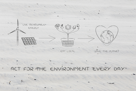act for the environment every day: illustration with icons about using renewable energy & eating local food to save the planet (solar panel with wind turbine, vegetables cart and Earth with heart)の写真素材