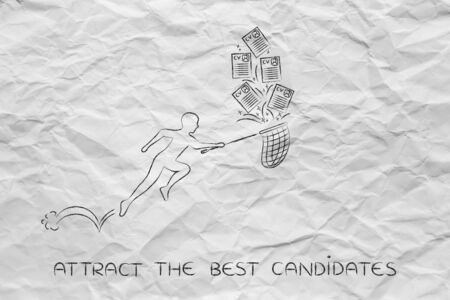 grab the best candidates: man with net trying to handle all the falling curriculum vitaeの写真素材