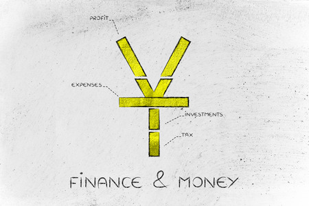 finance & money: chinese yuan currency symbol split into 4 parts with captions investment, profit, expenses and taxの写真素材