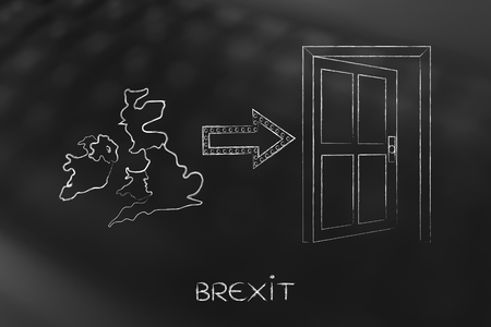 Brexit, United Kingdom next to an arrow indicating an open door to exit the EUの写真素材