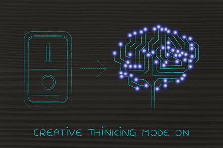 artificial circuit brain with leds and switch turned on, concept of activating intuition or creativityの写真素材