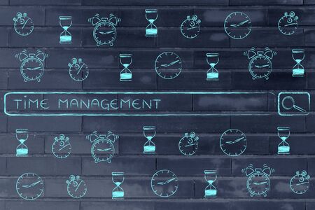 search bar surrounded by clocks and alarms icon with tags about how to be more productive & time managementの写真素材