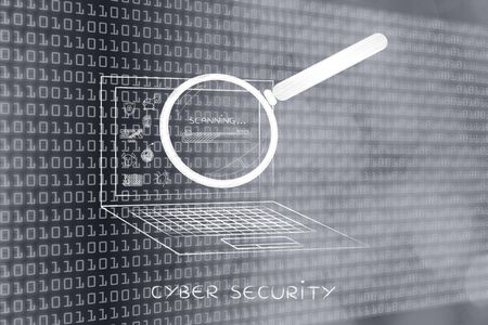 laptop being analyzed by magnifying glass for viruses or other threats with progress bar, concept of...