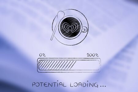 latte art coffee cup with funny progress bar Potential loading, awakeness-related concept