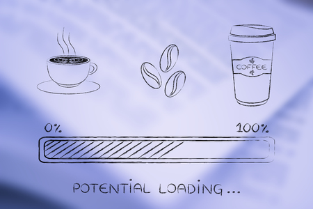 coffee cup, beans & tumbler with funny progress bar loading awakeness-related concept, caffeine...