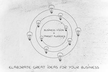 business vision plus target audience: key marketing concept pairs surrounded by spinning ideas (lightbulbs)の写真素材