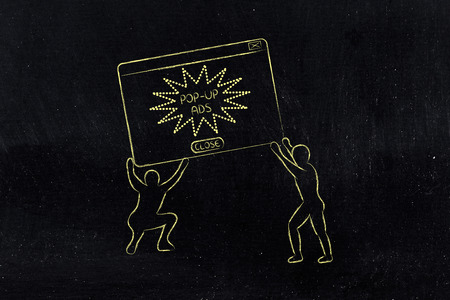 team lifting up a pop-up message with ads, concept of helping improve a business' online marketing strategyの写真素材