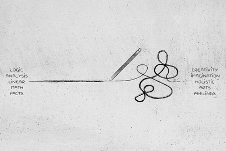 pencil in between a straight and a messy line marks, concept of logic versus creativityの写真素材