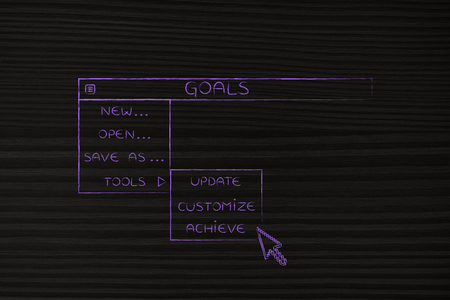 goals menu in dropdown style with pointer clicking the Activate option, metaphor of selecting the best choices for your lifeの写真素材