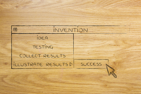 Invention menu in dropdown style with pointer clicking the Success option, metaphor of selecting the best choiceの写真素材